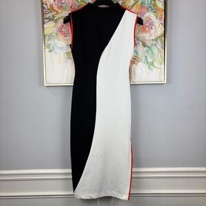 Anthro Colorblock Midi Dress NWT S Black White Orange Chic Stretch
